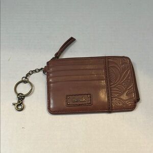 The Sak Brown IRIS wallet, 100% leather card holder keychain teak leaf embossed.